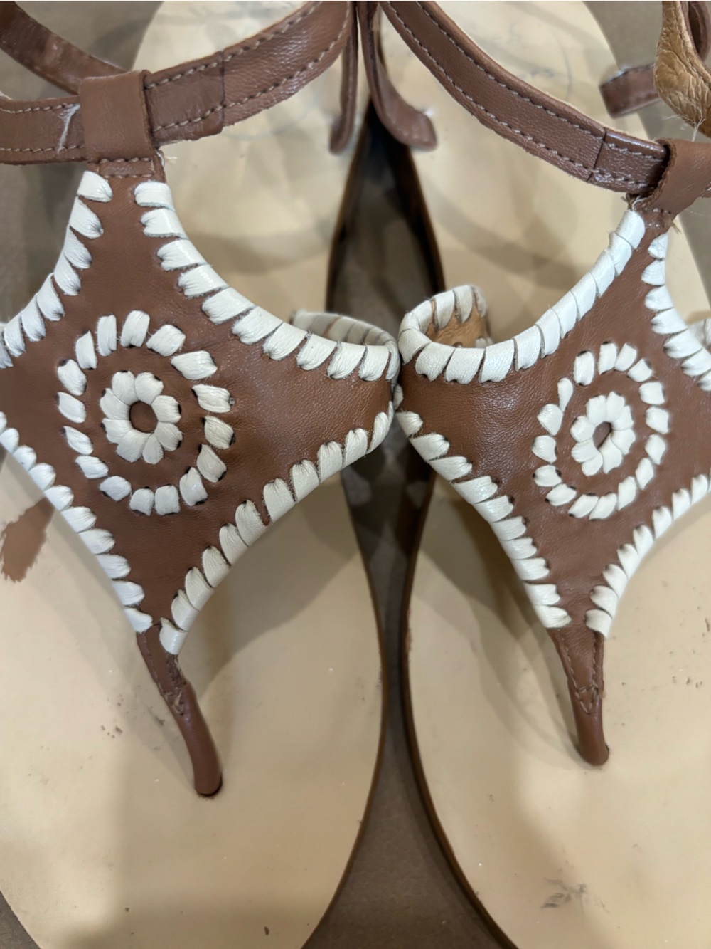 Jack Rogers Tan Leather T-strap Sandals with White Whipstitch - Picture 3 of 8